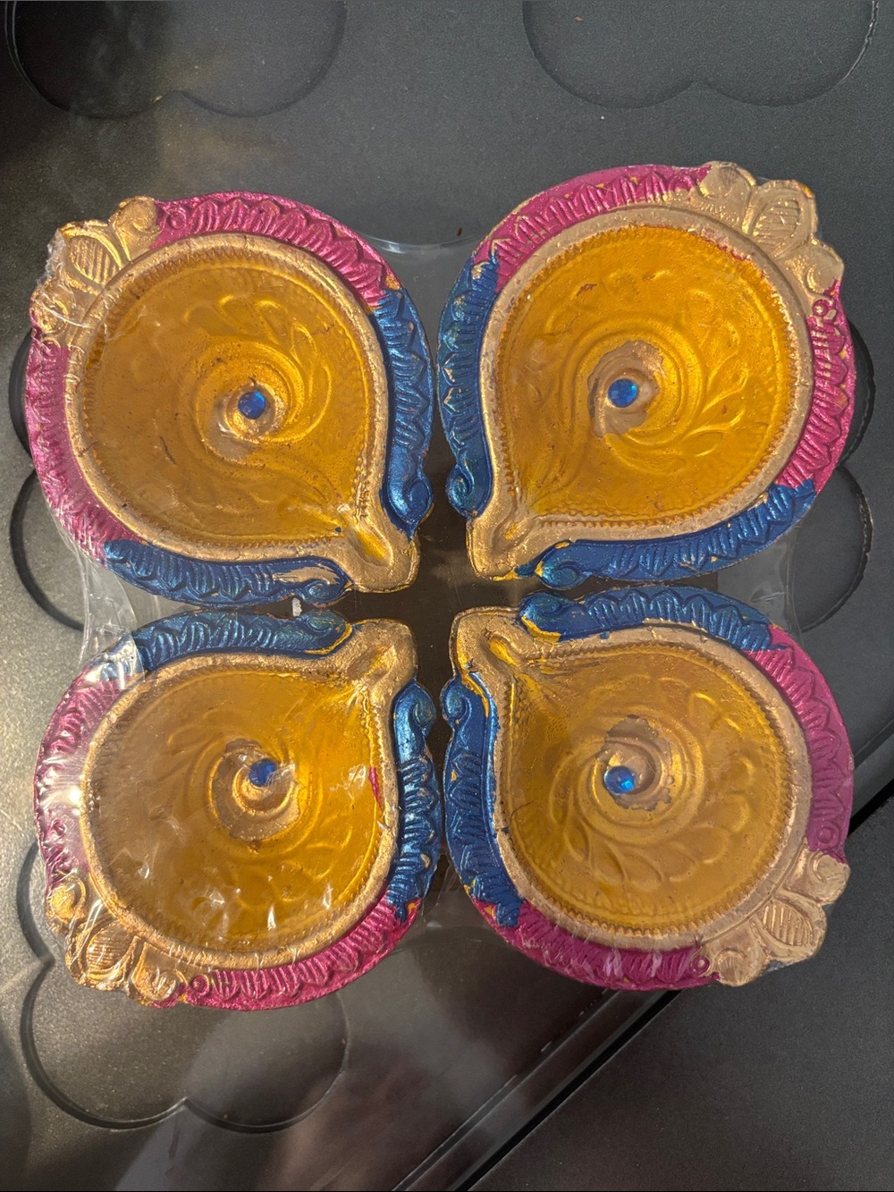 Hand- Painted Yellow, Pink & Blue ceramic Diya Set